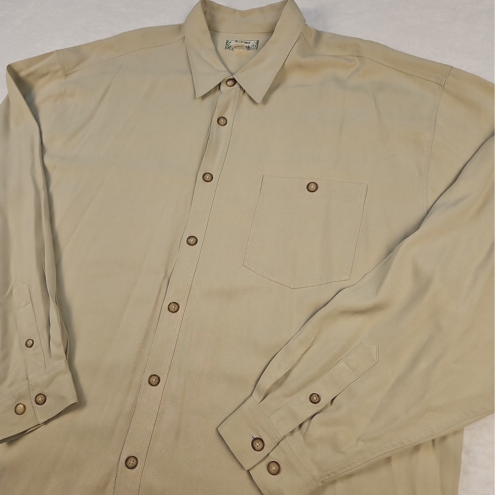 Tommy Bahama 100% Silk Button Up Shirt Mens Sz XXL Tan Long Sleeve Harringbone